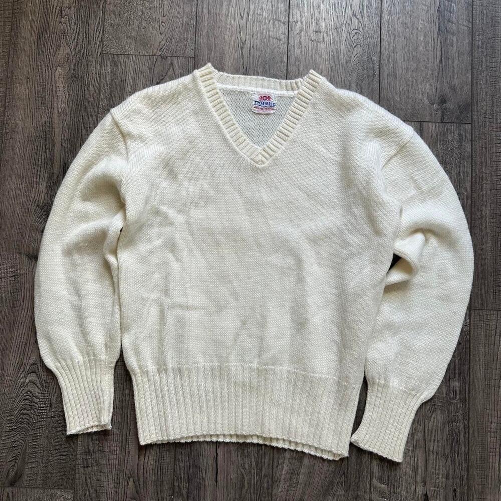 Vintage 50s White Campus Letterman Wool V Neck Knit Sweater Pullover